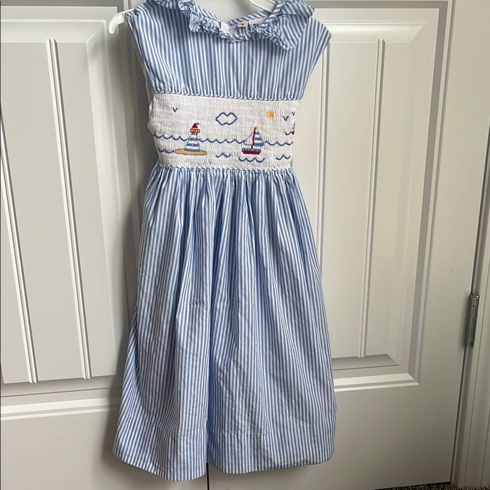 Blue Striped Kids Dress with Nautical Embroidery